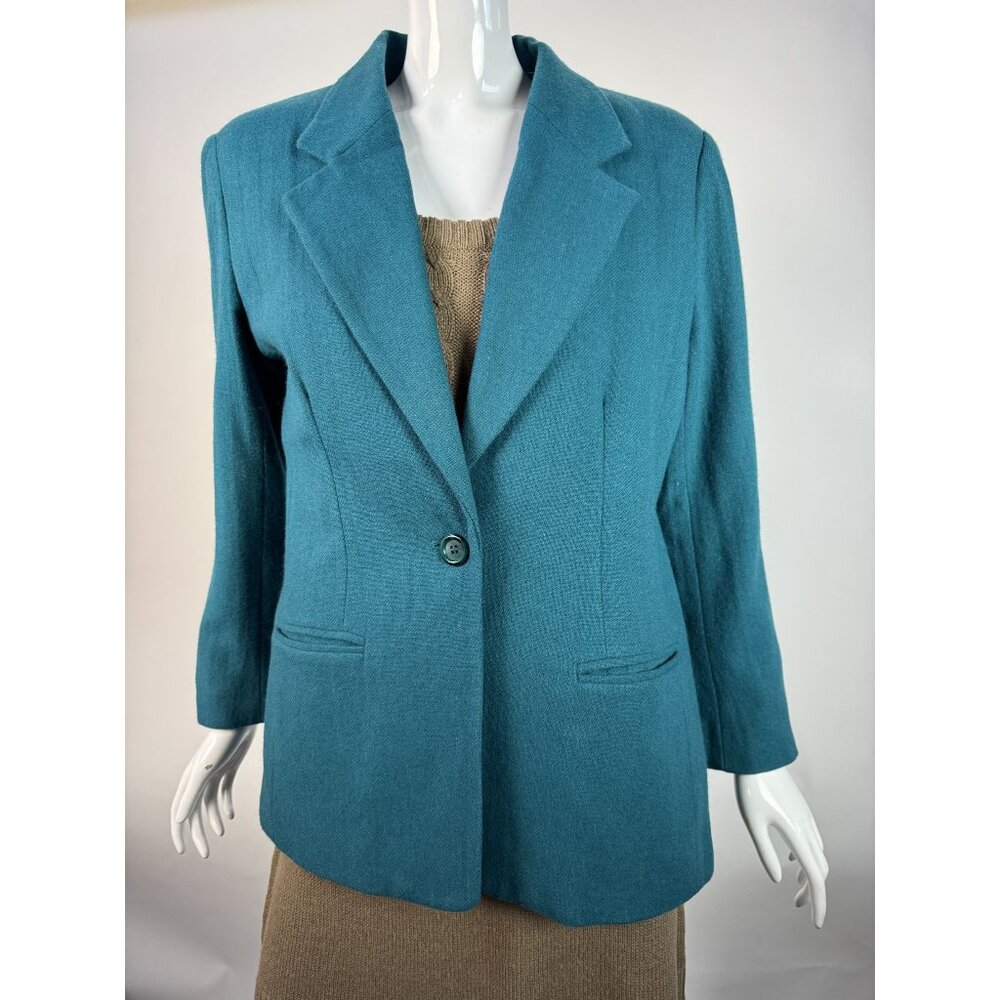 Joan Leslie Teal Wool Blend Blazer Womens Size 8P Made In El Salvador Single-But
